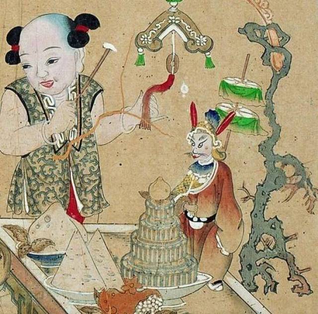 清代 "桂序升平"年画 童子中秋祭兔爷局部