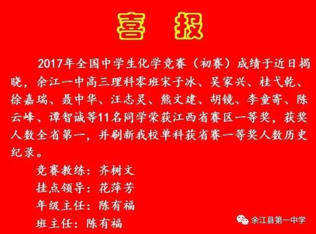 余江一中学子化学竞赛(初赛)获奖人数全省第一