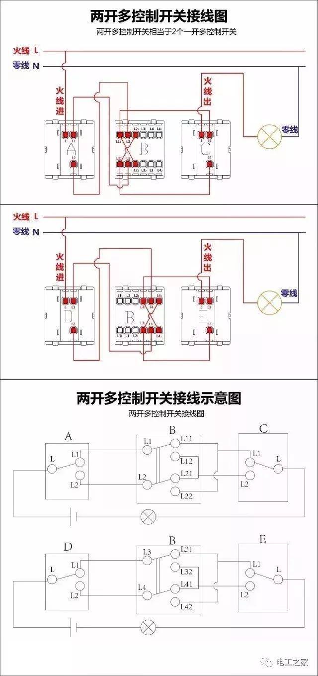 接线说明:两开多控制开关相当于2个1开多控制开关,(l1-l11-l12)与(l2