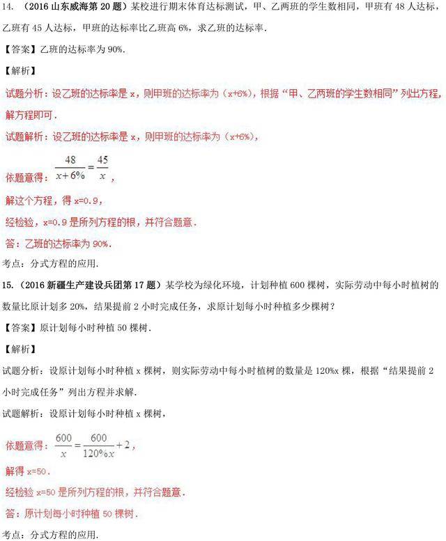 中考数学分式方程知识点含考点及典型例题