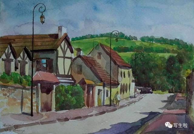 法国乡村小镇-水彩1997年