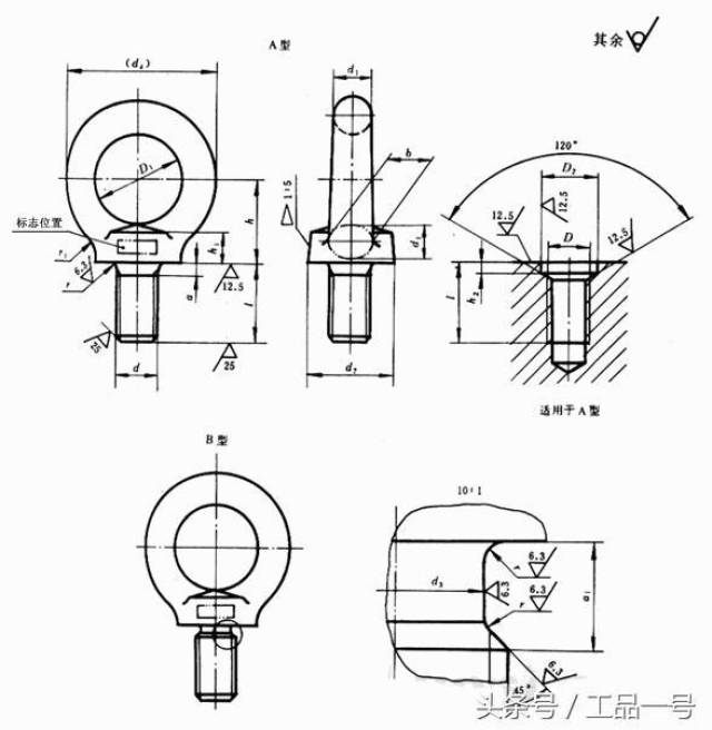 此规格表为din582标准,规定了螺纹规格为m8-m100*6的吊环螺母.