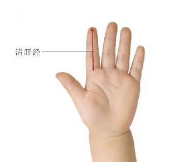 (2)清心经:术者一手持患儿中指以固定,另手以拇指从指端向指根方向直