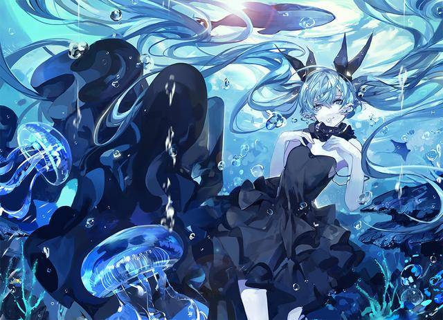 高清动漫壁纸蓝色水中画风 初音 壁纸图片