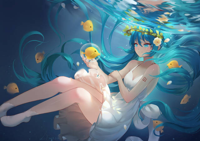 福利图哟 初音未来蓝色水中画风 高清动漫桌面壁纸图片