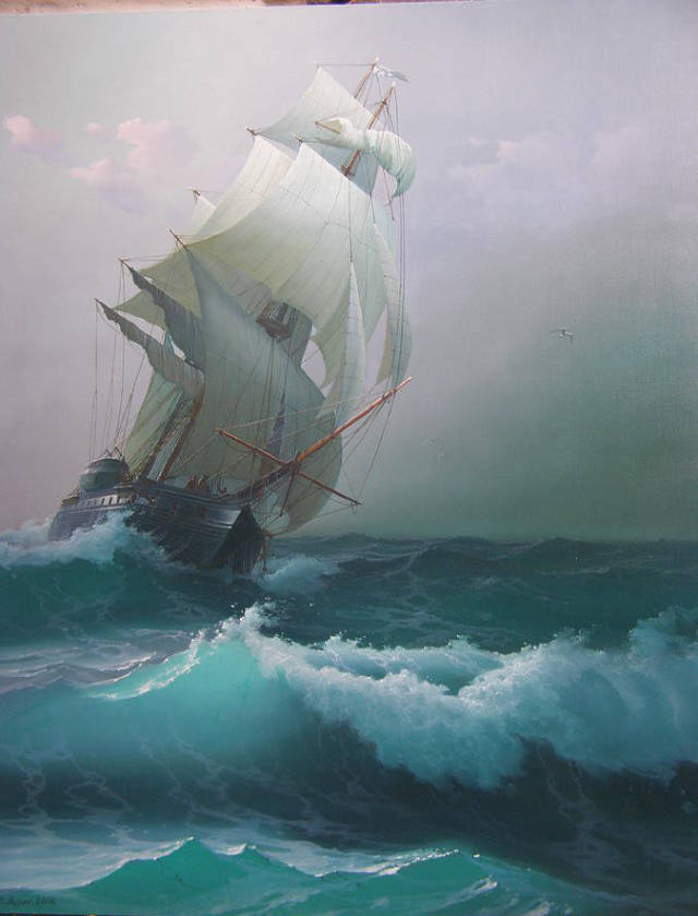 如此漂亮的帆船和海浪内容的油画作品,是不是令您更加向往大海?