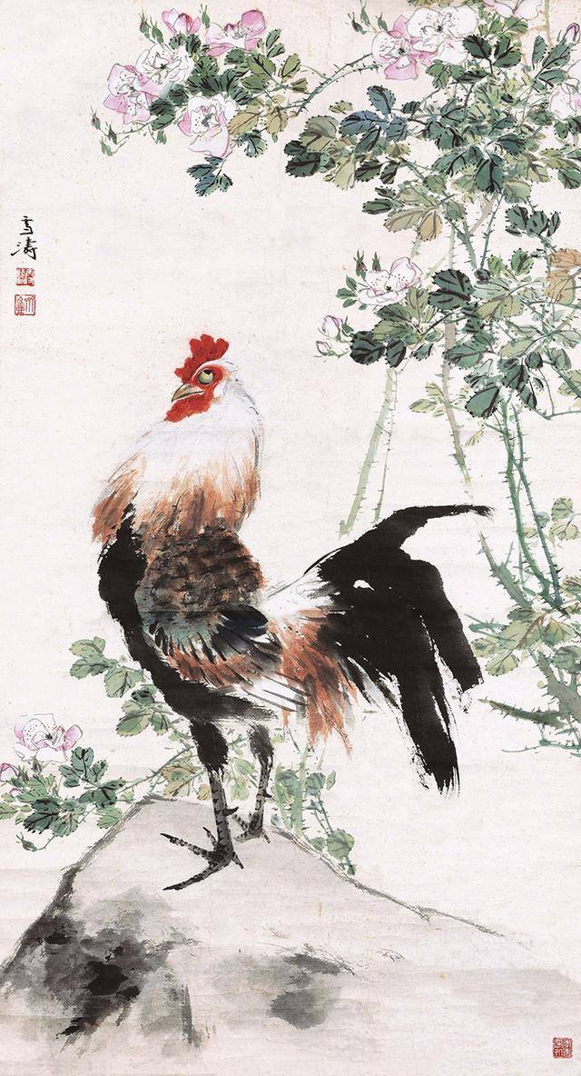 王雪涛《公鸡月季》2012北京保利春拍拍品