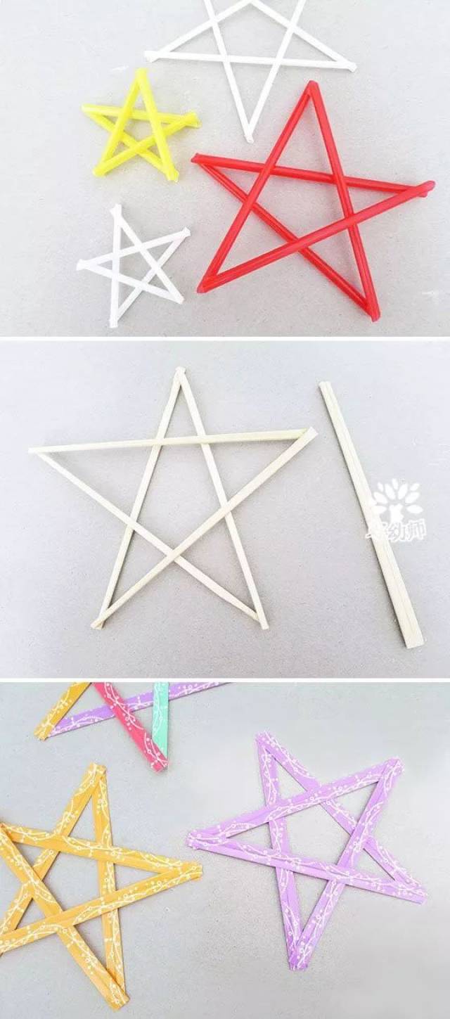除了吸管,一次性筷子和雪糕棍也可以做五角星哦!