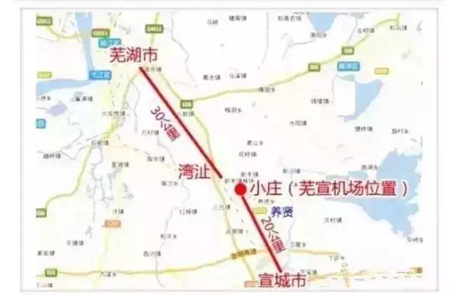 根据批复,芜宣民用机场选址芜湖县湾镇小庄,位于芜湖市东南部,距