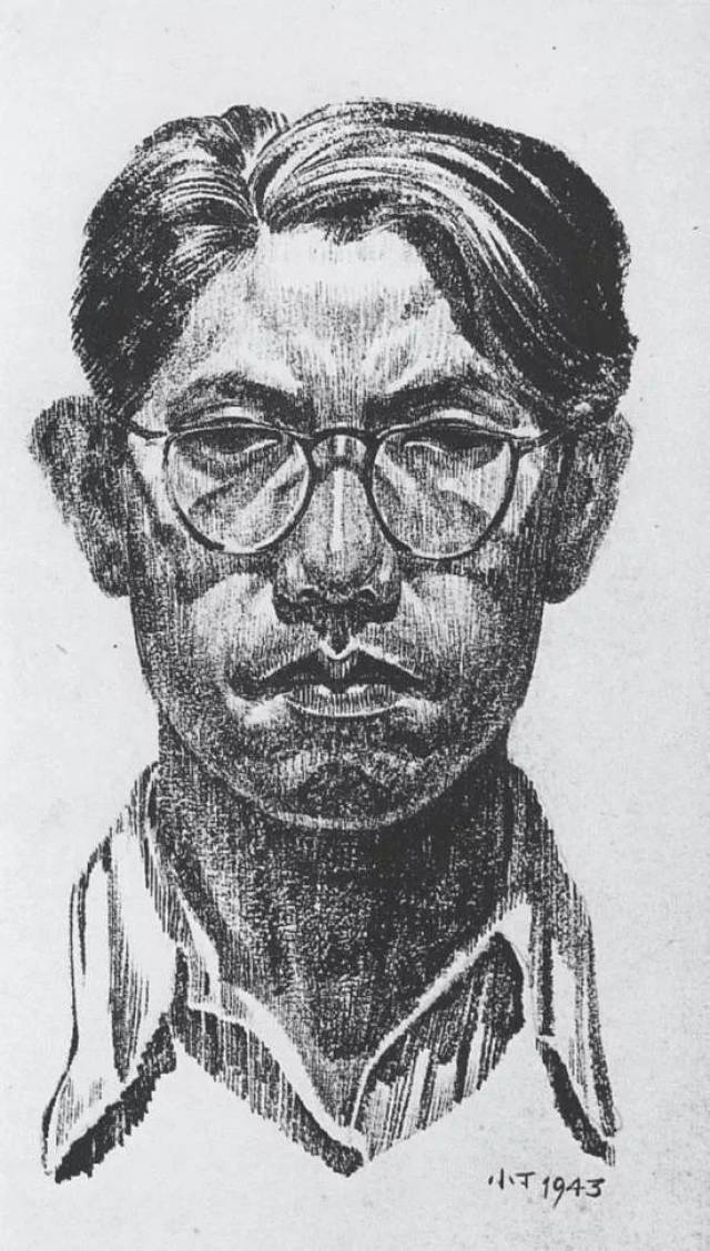 丁聪《自画像》(1943);墨笔画