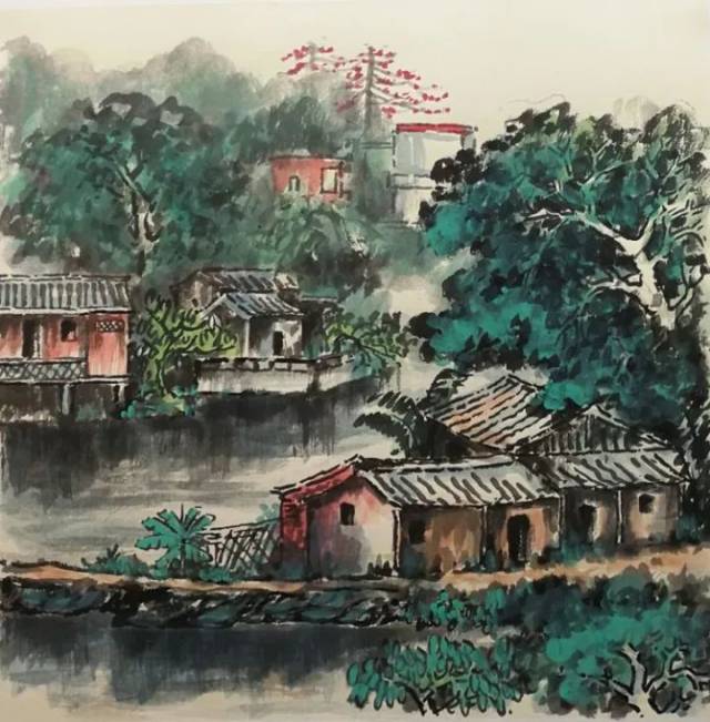 鹤山画家创作的古劳水乡主题国画,这画中的水乡你能认
