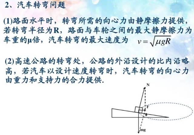 ②拱形桥(1)凹形:f向=fn-g 向心加速度的方向竖直向上(2)凸形:f向=g