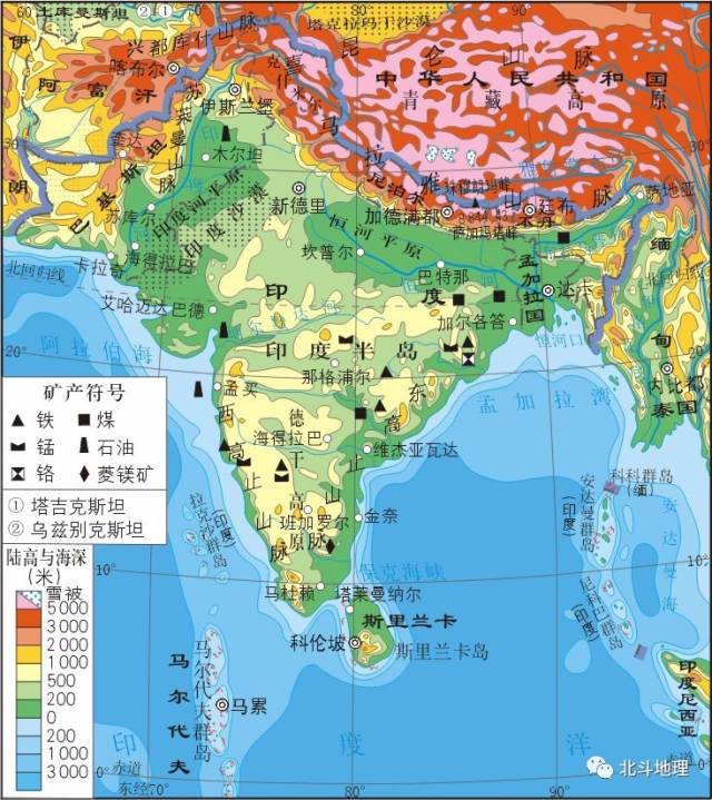 南亚的自然环境 (1)地形与河流 图解图说 ①三种气候类型:大部分地区