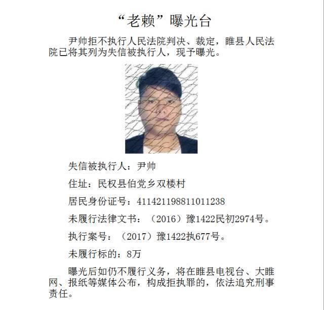 睢县人民法院公布最新一批"老赖"名单 让我们一起看看这些被点名的"