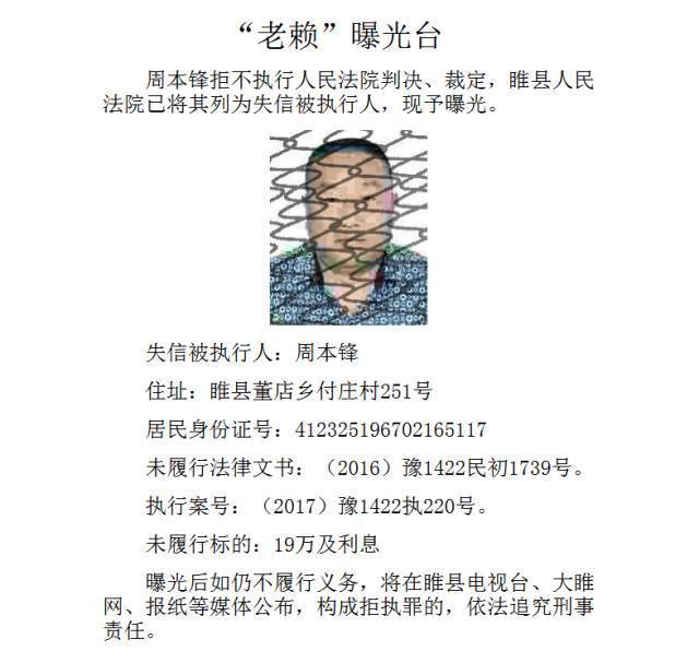 睢县人民法院公布最新一批"老赖"名单 让我们一起看看这些被点名的"