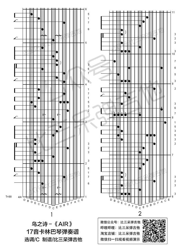 我改编后的拇指琴专用谱在下方 谱子右侧小数字代表主旋律所对应的