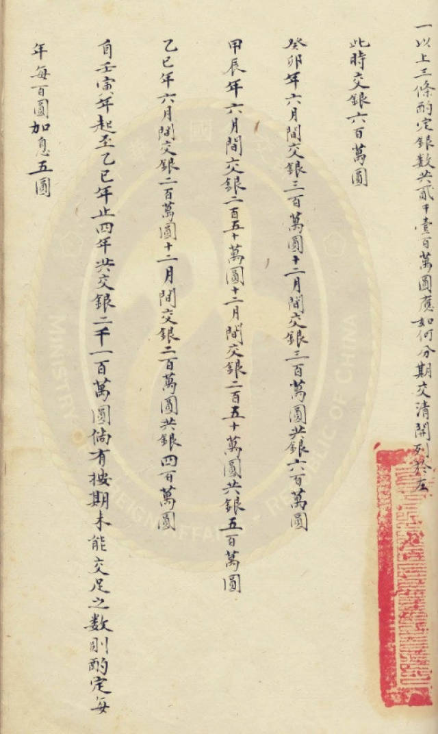 《南京条约》(原件)中对赔款的规定,藏于台北故宫博物院.