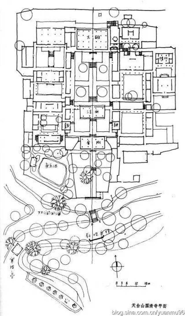 现存江南佛寺的实例,如灵隐寺,天童寺,国清寺(图2[⑥])也都是这样布局