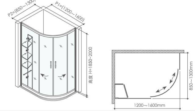 扇形淋浴房尺寸其实是根据两边靠墙安装的长度来计算的.展示如下