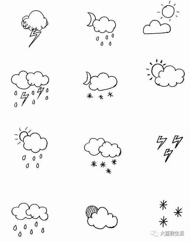 近百款天气简笔画还不快快收藏起来教孩子,有云,有雨,有打雷,有闪电