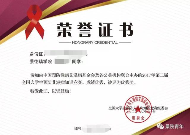 艾滋病知识竞赛优秀荣誉证书》,作为评奖评优及社会实践活动经历证明