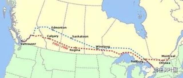 一张印有从蒙特利尔到温哥华的跨加拿大铁路的地图 (wikipédia) 旅程