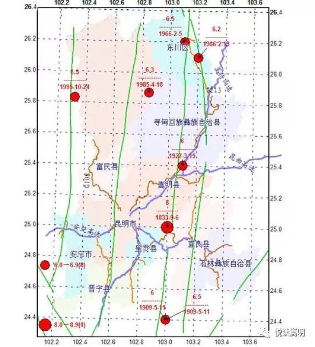 1833年以来嵩明周边(小江断裂带)6.0级以上地震震中分布图