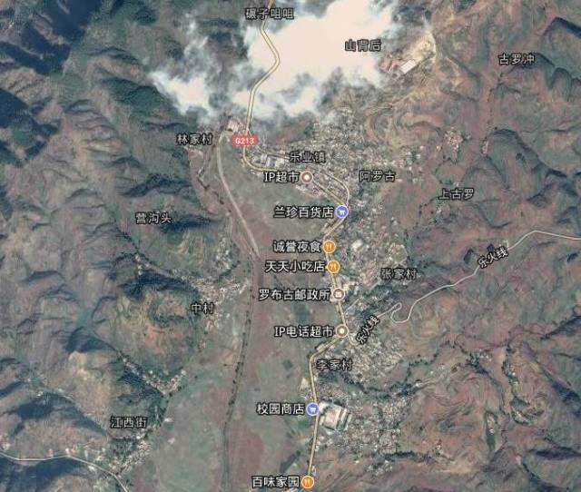 同等比例卫星地图下的乐业村和罗布古社区