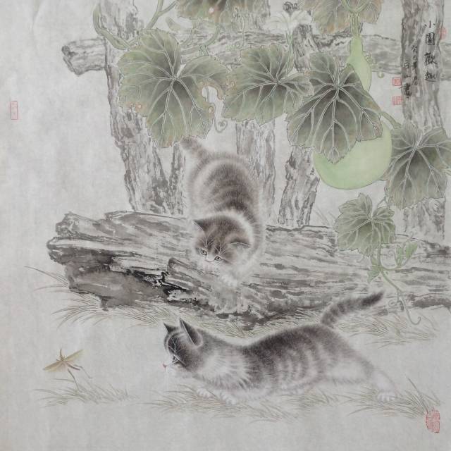 艺术先锋 情趣工笔画猫戏图,刘白山作品