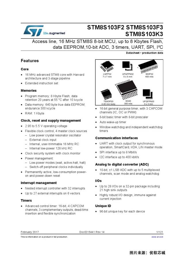 8位微控制器stm8s103k3t6c 规格参数与数据手册