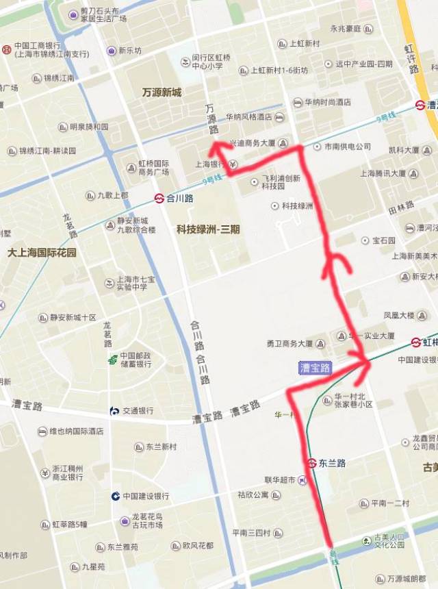 到了莲花路吴中路口,再左转,沿着吴中路骑行至万源路路口