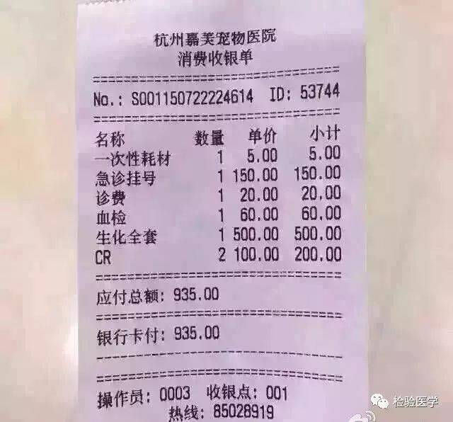 宠物医院收费清单