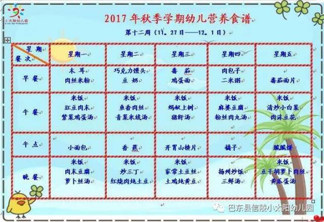 巴东县信陵小太阳幼儿园每周营养食谱(11月27日----12