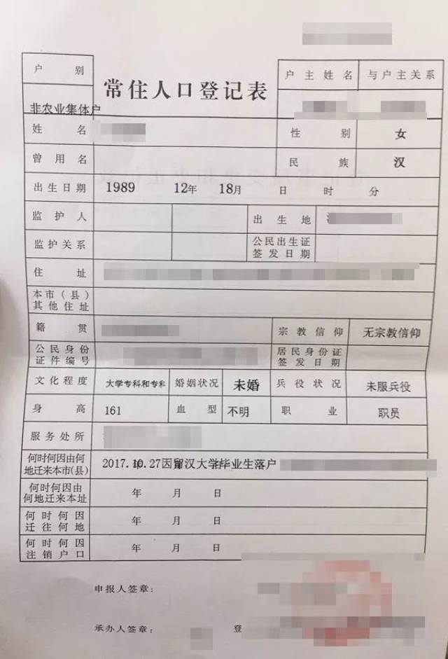 武汉市集体户口常住人口登记表 4.办理时间:工作日办理约1小时.