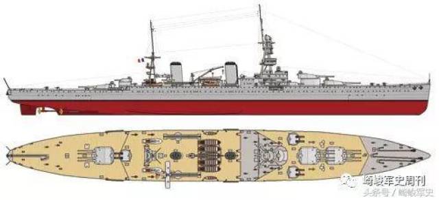 法国海军于1928年夏季研究的一款战列巡洋舰的设计线图,其主副炮均