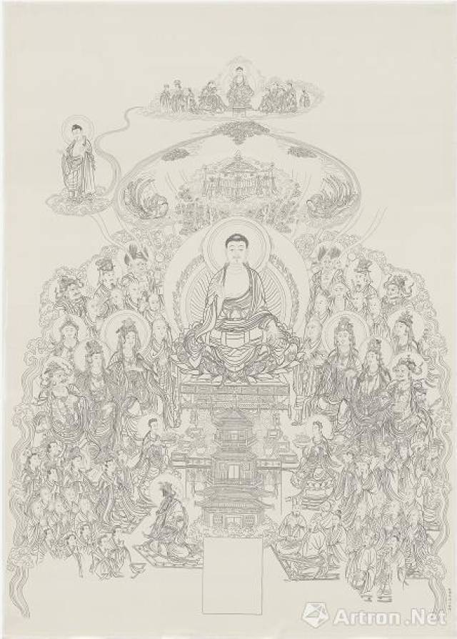 本次展览中,最令人惊叹的是张艺蓉所绘制《释迦牟尼说法图》白描粉本