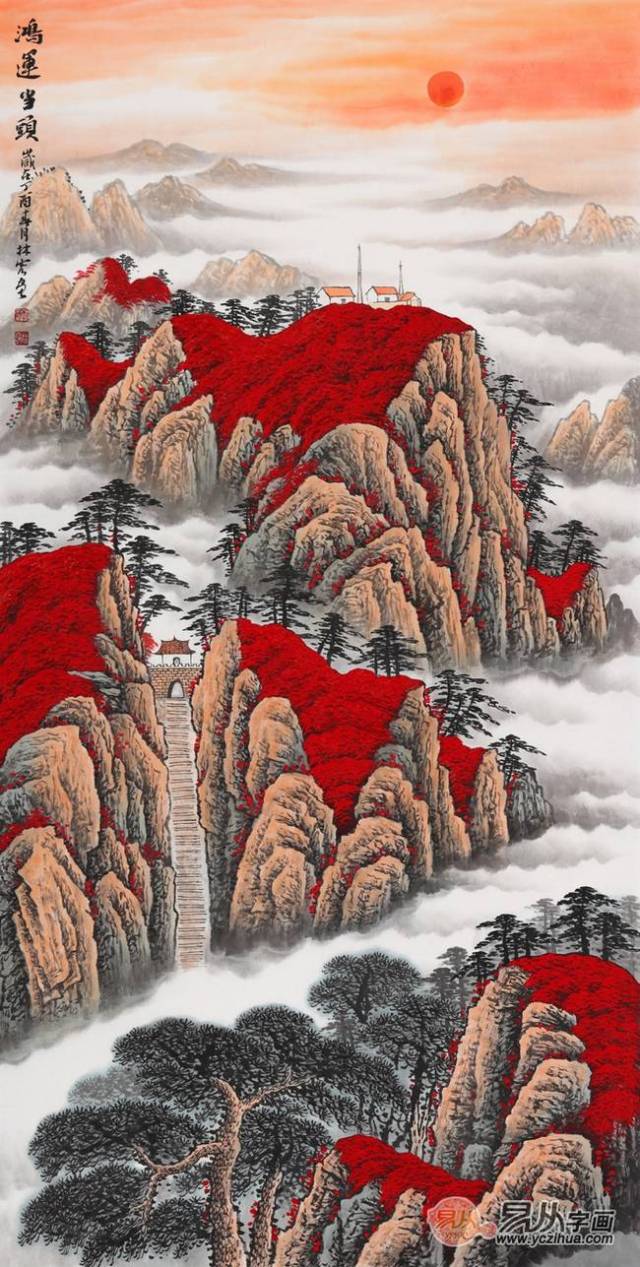 开门见红,好运连连,鸿运当头山水画是中国著名的十大风水画之一,玄关
