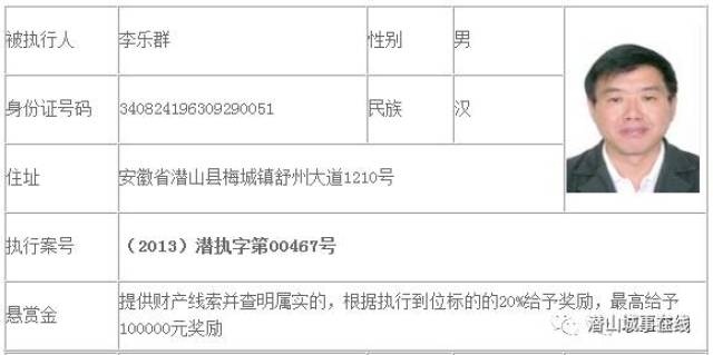 安徽省潜山县人民法院悬赏执行公告