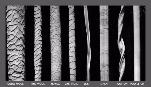 电子显微镜下的织物纤维,左边四个都是动物毛,右边依次是丝,麻,棉和