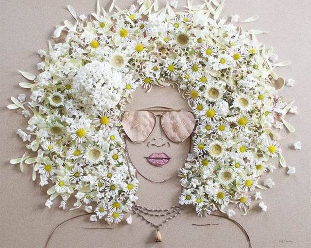 用路边捡来的树枝,花朵拼凑的人物画,每一幅都美呆了