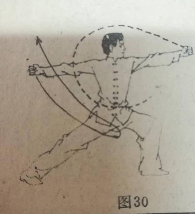 左足向东迈一大步,成左前弓步,同时左手握拳向前打冲拳.(图30)