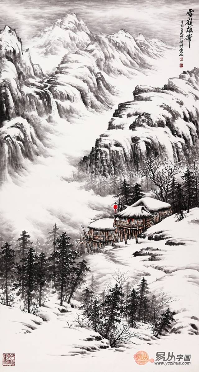 雪景国画 吴大恺最新力作山水画《雪岭雄风》作品来源:易从网