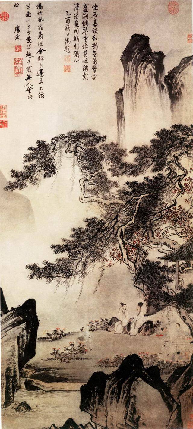 上图,在画的左上侧有唐寅题诗:"满地风霜菊绽金,醉来还弄不弦琴.