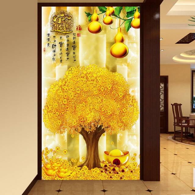 招财进宝摇钱树宝葫芦玉雕背景墙壁画寓意着财源广进,葫芦寓意着福禄