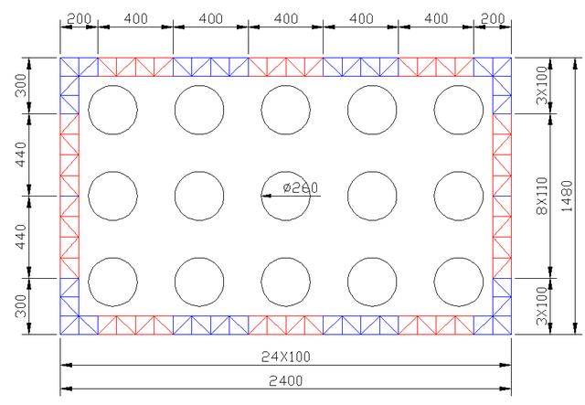 吊箱底板采用δ=8mm钢板作为面板,i32b工字钢作为分配梁间距55～65cm