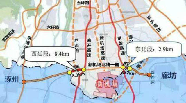 新机场北线高速公路(北京段)西起京冀界(涿州),东至京冀界(廊坊),路线