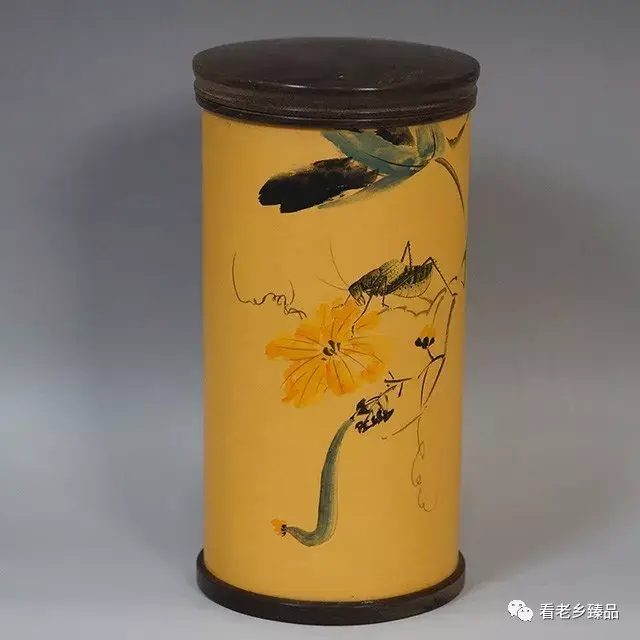 手绘蝈蝈丝瓜图茶罐 天然葫芦茶叶罐