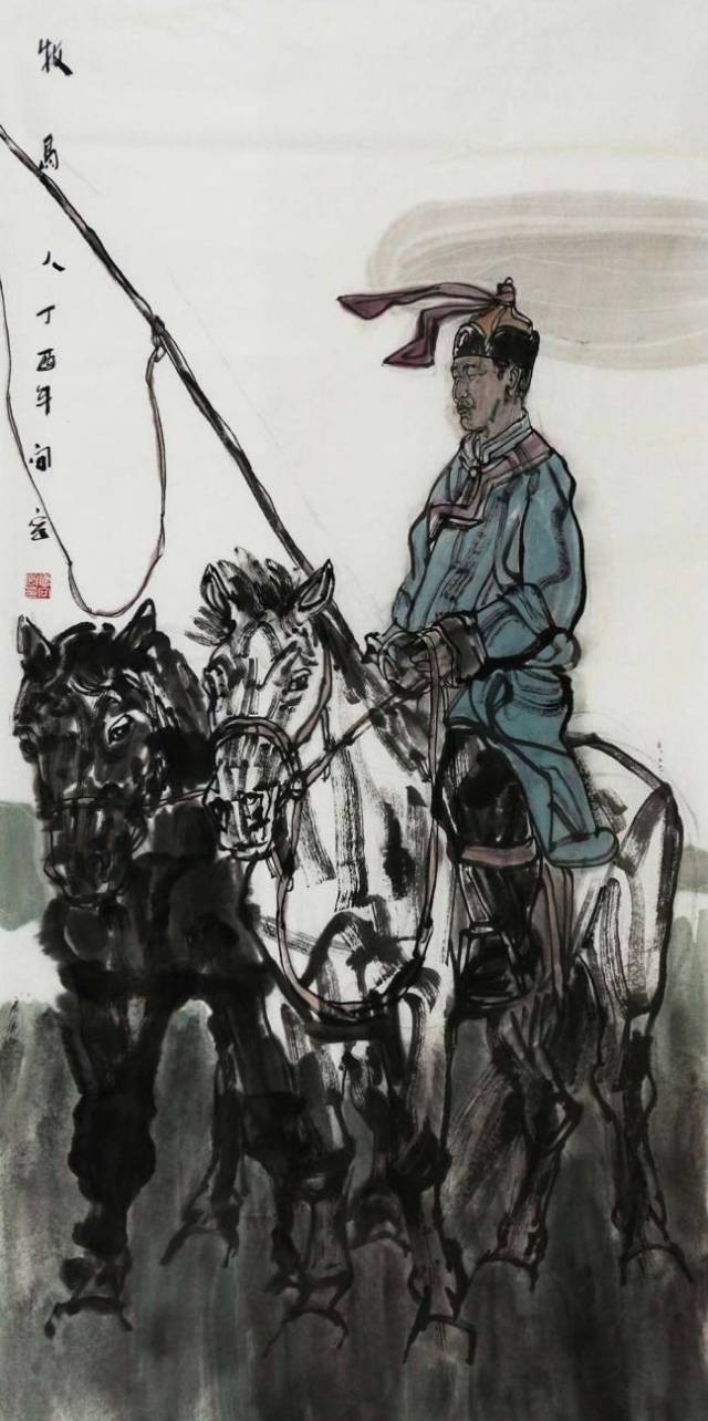 画家付向宏老师这幅国画人物画《风雪牧归图》,画面描绘了寒风飞雪中