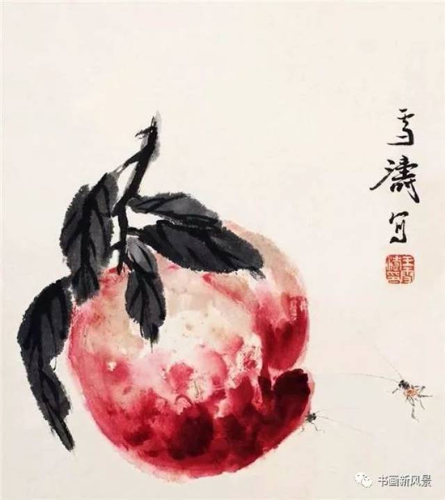 "  齐白石 1939年作 寿桃 齐白石画桃,先以没骨大写意法直接用洋红泼