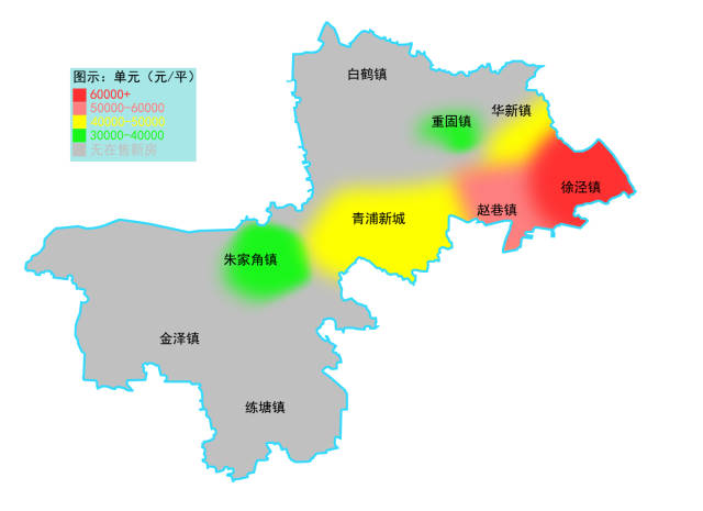 在青浦各区域中,徐泾镇由于靠近虹桥,离市区较近,房价最高,其次是